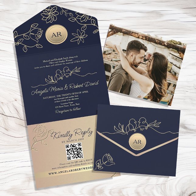 Navy Blue Wedding QR Code All In One Invitation (Creator Uploaded)