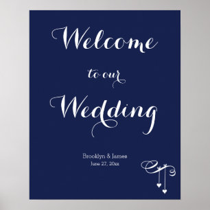 Navy Blue Wedding Reception Sign 16x20 With Hearts