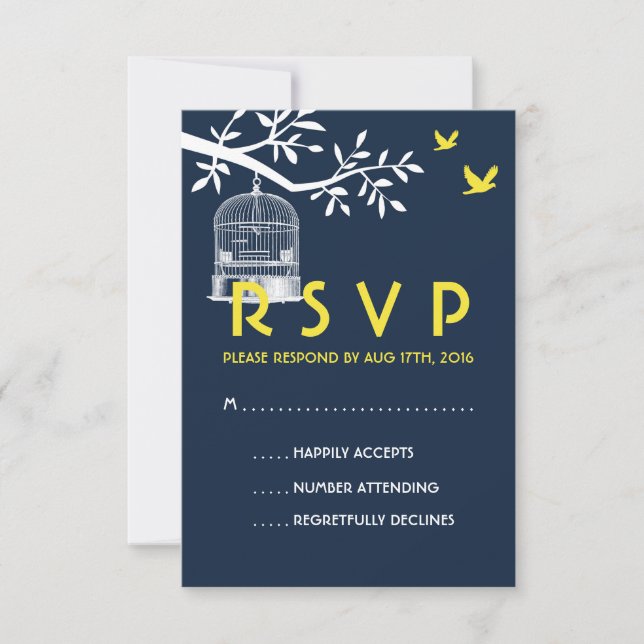 Navy Blue Wedding RSVP Card Vintage Bird Cage (Front)