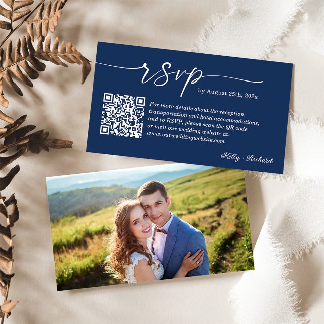 Navy Blue Wedding RSVP Online Website QR Code Enclosure Card (Creator Uploaded)