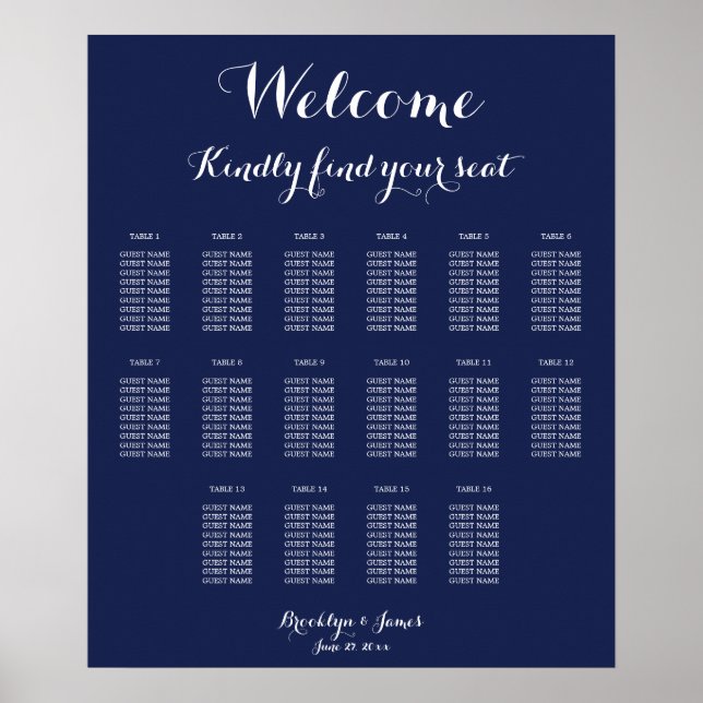 Navy Blue Wedding Seating Chart Poster 20x24 (Front)