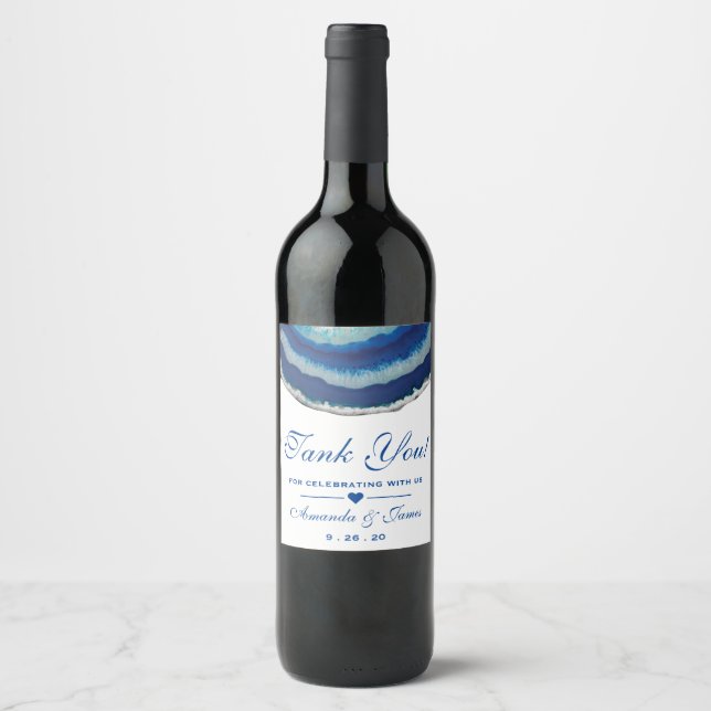 Navy Blue Wedding Thank You Agate Wine Label (Front)