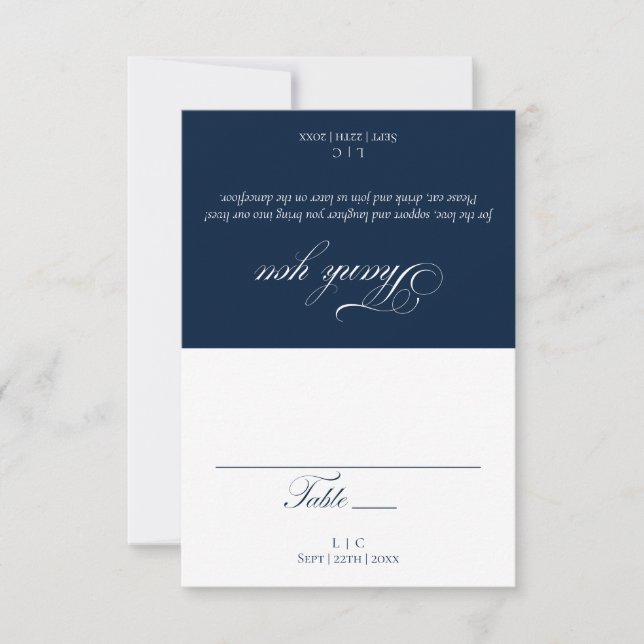 Navy Blue Wedding Thank You Folded Place Card (Front)