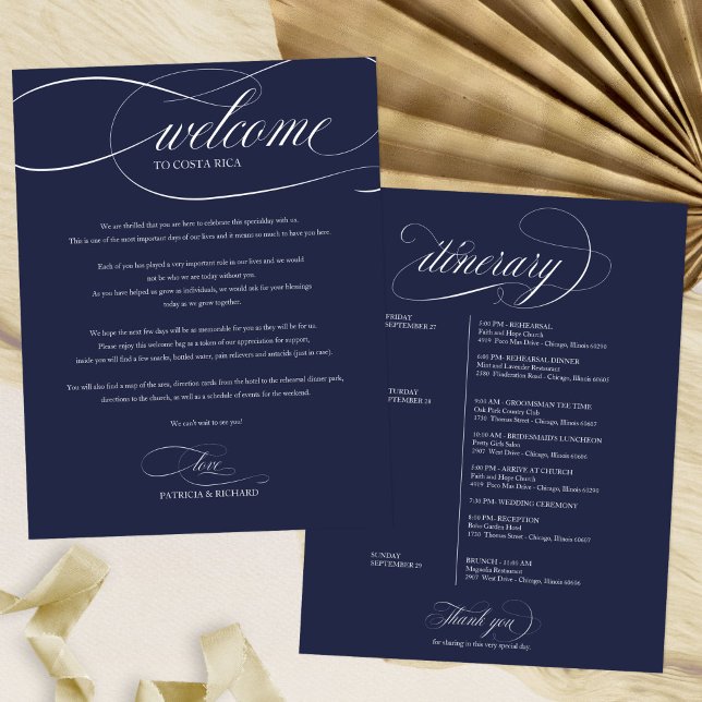 Navy Blue Wedding Weekend Welcome Itinerary (Creator Uploaded)