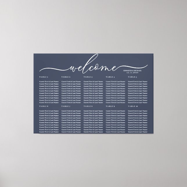 Navy Blue Wedding Welcome Seating Table Numbers Canvas Print (Front)