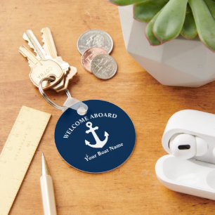 Navy Blue Welcome Aboard Boat Name Nautical Anchor Key Ring