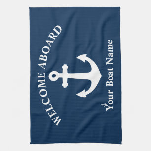 Navy Blue Welcome Aboard Boat Name Nautical Anchor Tea Towel