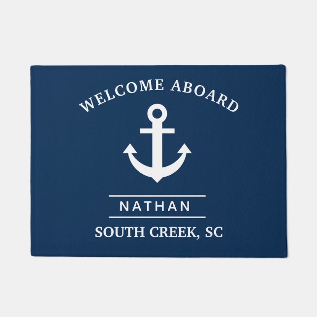 Navy Blue Welcome Aboard Custom Monogram Name  Doormat (Front)