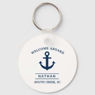 Navy Blue Welcome Aboard Custom Monogram Name Key Ring