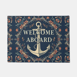 Navy Blue Welcome Aboard William Morris floral Doormat