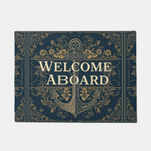 Navy Blue Welcome Aboard William Morris floral Doormat