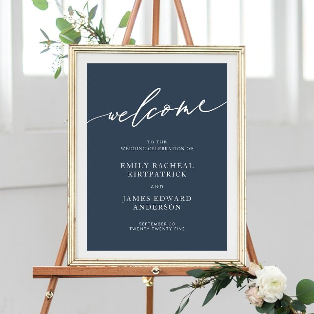 Navy Blue Welcome Calligraphy Simple Wedding Poster (Creator Uploaded)