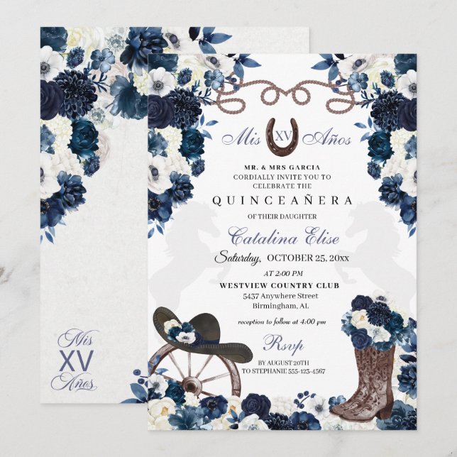 Navy Blue Western Charra Boots Quinceanera Invitation (Front/Back)