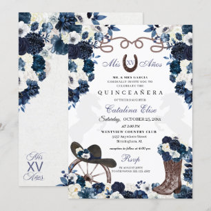 Navy Blue Western Charra Boots Quinceanera Invitation
