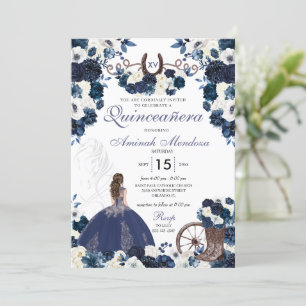 Navy Blue Western Charra Floral Boots Quinceañera Invitation