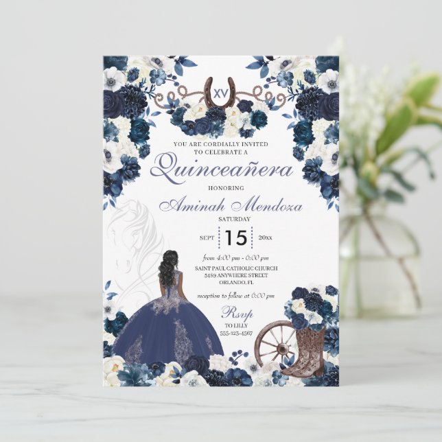 Navy Blue Western Charra Floral Boots Quinceañera Invitation (Standing Front)