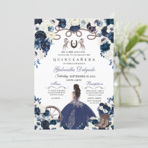 Navy Blue Western Charra Girl Ranchero Quinceanera Invitation