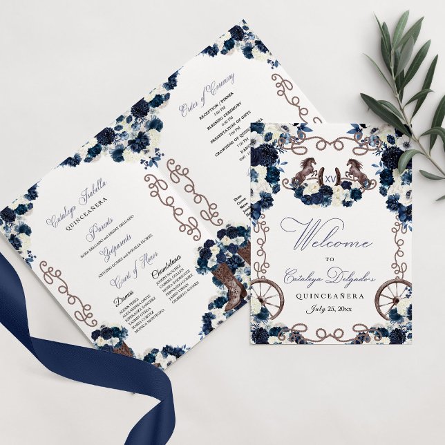 Navy Blue Western Charro Quinceañera Program Invitation (Creator Uploaded)