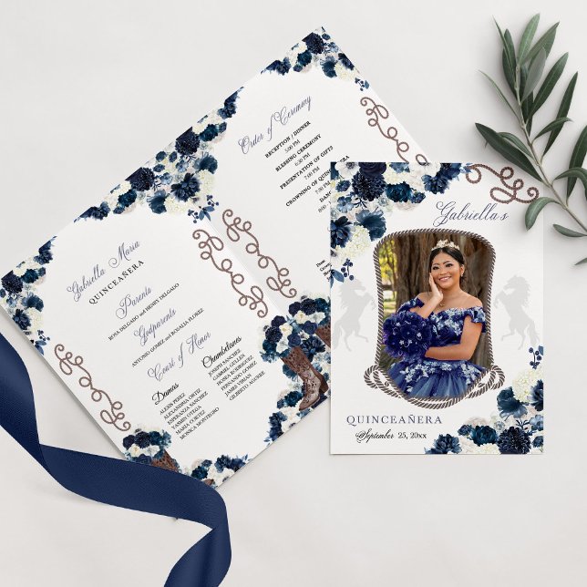 Navy Blue Western Charro Quinceañera Program Invitation (Creator Uploaded)