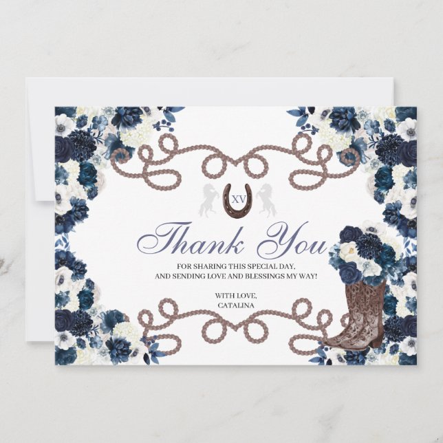 Navy Blue Western Horse Quinceanera Thank You Card (Front)