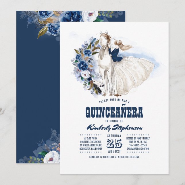 Navy Blue Western Quinceañera - 15th Birthday Invitation (Front/Back)