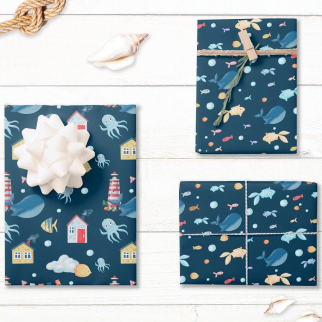 Navy Blue Whale Nautical Wrapping Paper Sheet (Cute Nautical Gift Wrap for Birthdays or Baby Showers)