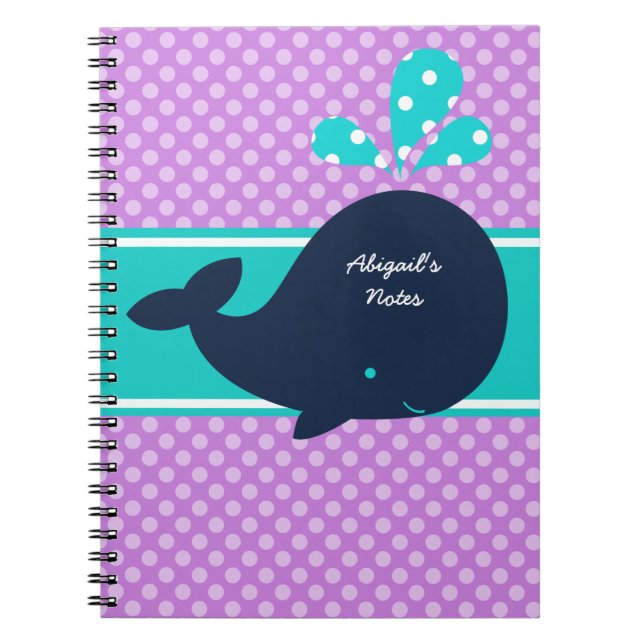 Navy Blue Whale on Dots Personalised Notebook (Front)