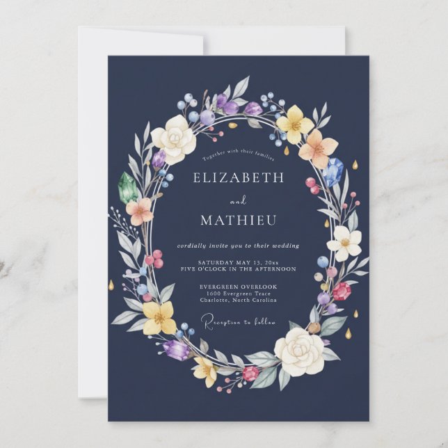 Navy Blue Whimsical Floral Wedding Invitation (Front)