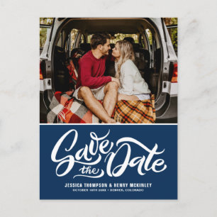 Navy Blue Whimsical Lettered Photo Save the Date Announcement Postcard