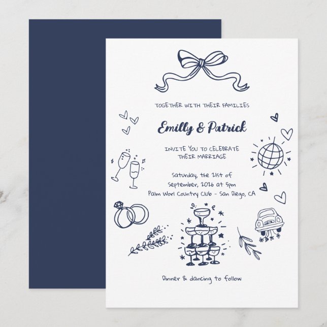 Navy Blue Whimsical Retro Doodle Wedding Invitation (Front/Back)