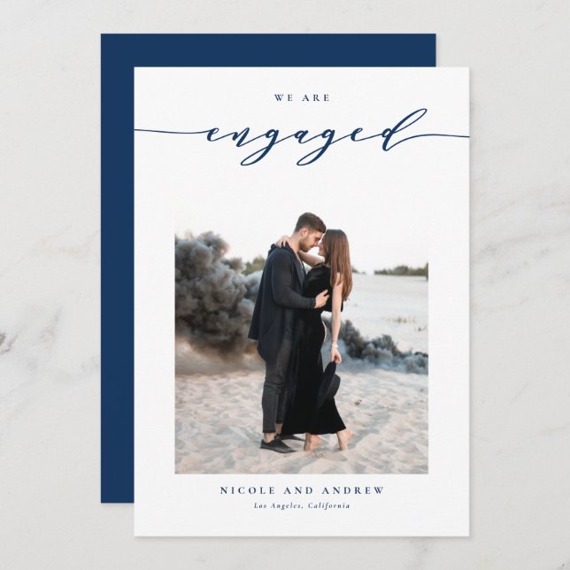 Navy Blue Whimsical Script Photo Engagement Announcement (Front/Back)