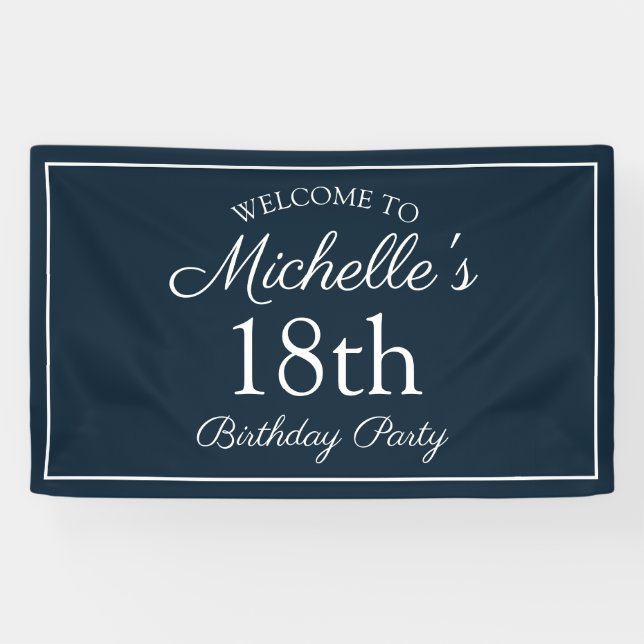 Navy Blue White 18th Birthday Party Banner (Horizontal)