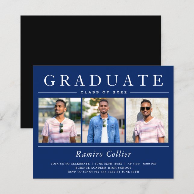 Navy Blue White 3 Photo Graduation Invitations (Front/Back)