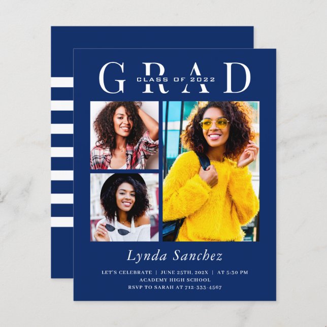 Navy Blue White 3 Photo Graduation Invitations (Front/Back)