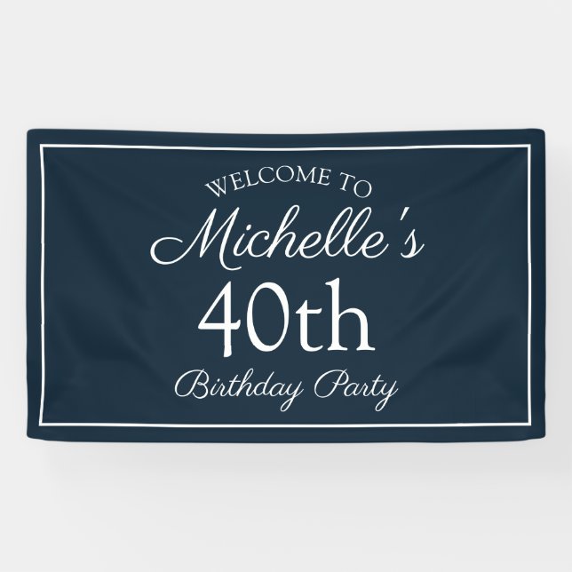 Navy Blue White 40th Birthday Party Banner (Horizontal)