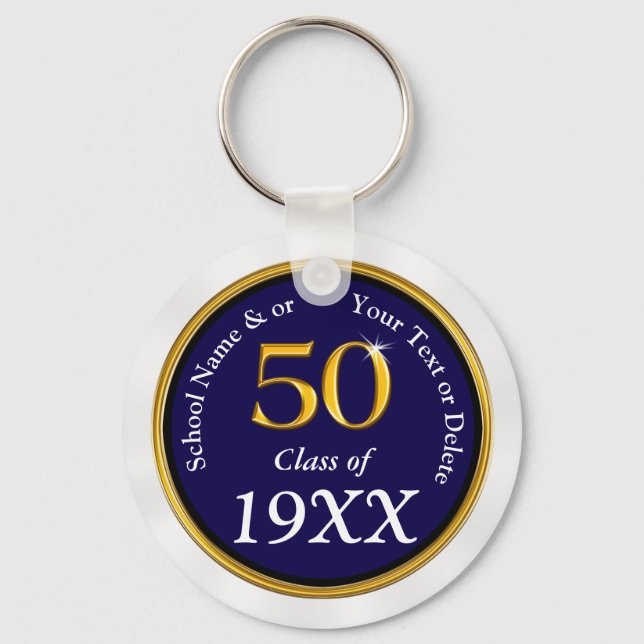 Navy Blue, White 50 Year ClassReunion Souvenirs Key Ring (Front)