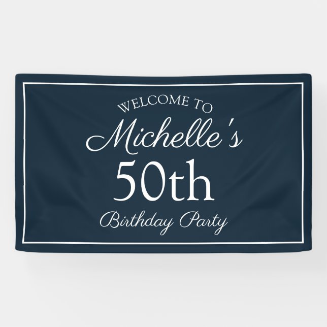 Navy Blue White 50th Birthday Party Banner (Horizontal)