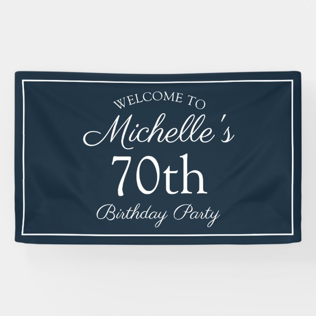 Navy Blue White 70th Birthday Party Banner (Horizontal)