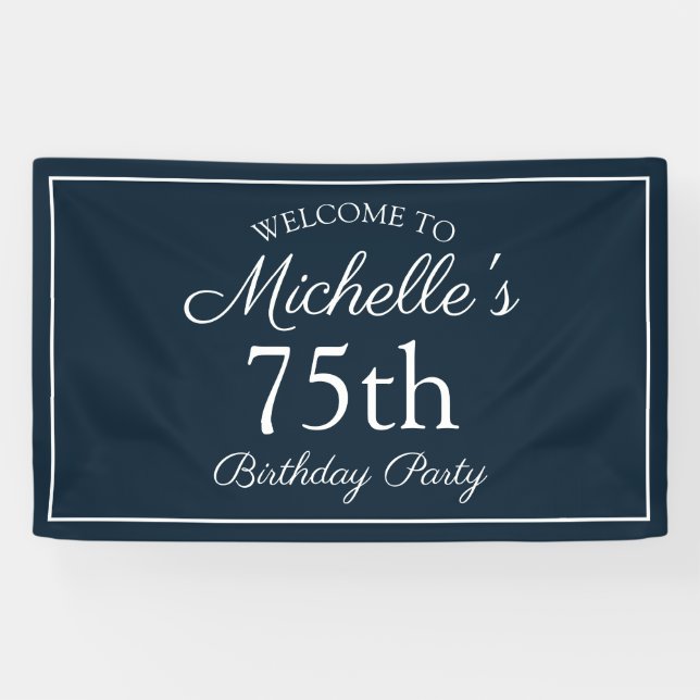 Navy Blue White 75th Birthday Party Banner (Horizontal)