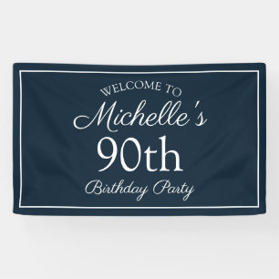 Navy Blue White 90th Birthday Party Banner