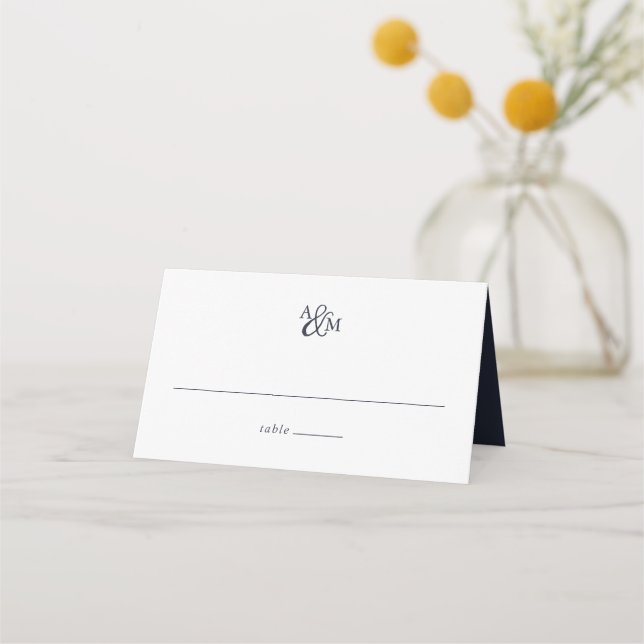 Navy Blue & White Ampersand Monogram Wedding Place Card (Front)
