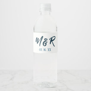 Navy Blue & White Ampersand Monogram Wedding Water Bottle Label