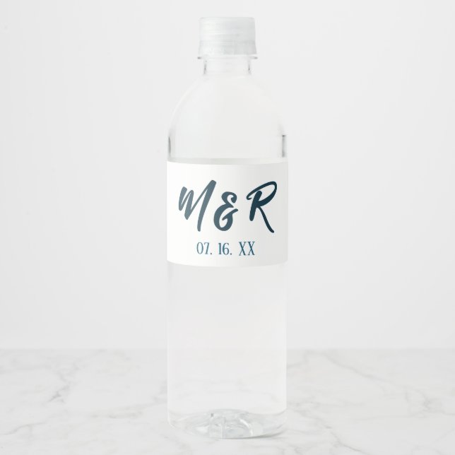 Navy Blue & White Ampersand Monogram Wedding Water Bottle Label (Front)