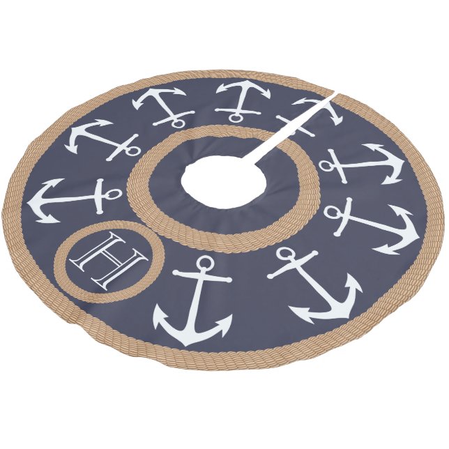 Navy Blue White Anchors and Rope Nautical Monogram Brushed Polyester Tree Skirt (Angled)