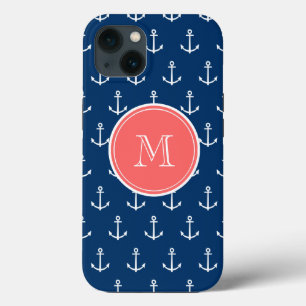 Navy Blue White Anchors Pattern, Coral Monogram 2 iPhone 13 Case