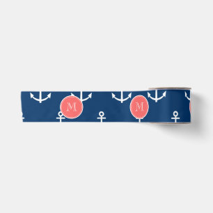 Navy Blue White Anchors Pattern, Coral Monogram 2 Satin Ribbon