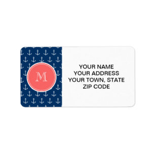 Navy Blue White Anchors Pattern, Coral Monogram Label