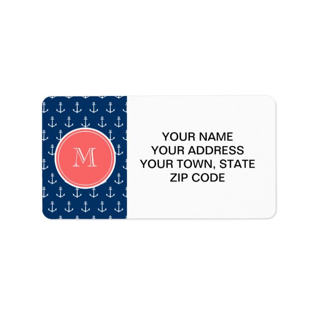 Navy Blue White Anchors Pattern, Coral Monogram Label (Front)