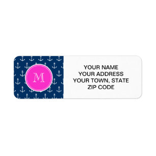 Navy Blue White Anchors Pattern, Hot Pink Monogram