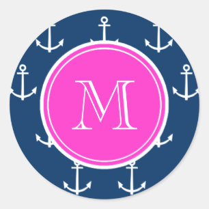 Navy Blue White Anchors Pattern, Hot Pink Monogram Classic Round Sticker